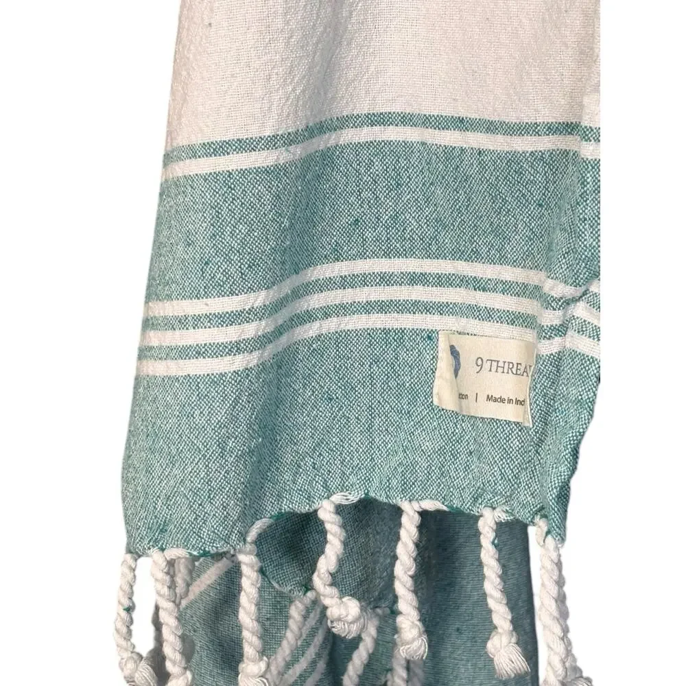 9 Threads‎ Turkish Cotton Beach Towel Aqua White Tassel Fringe Peshtemal Summer